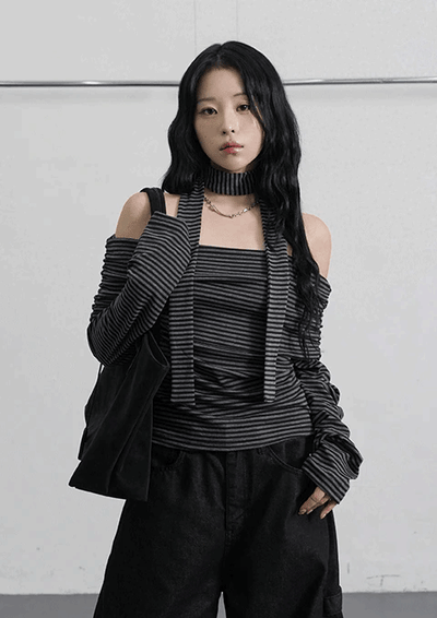 [圍巾套裝] 條紋細節 露肩 T恤1