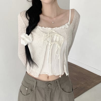 [Salantem/透裏] TOPY 蝴蝶結 束帶 荷葉 針織衫 針織衫 外套 RAID 防曬 夏季開襟毛衫4