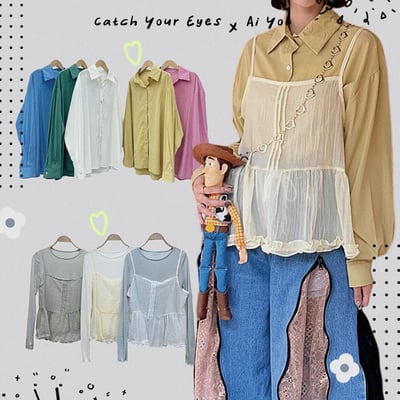 ✿全新選物✿ {A005} 色螺紋薄內搭+透膚木耳邊吊帶背心套組(現貨)5