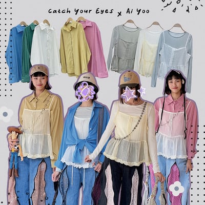 ✿全新選物✿ {A005} 色螺紋薄內搭+透膚木耳邊吊帶背心套組(現貨)4