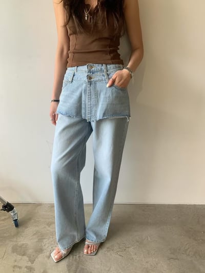 H14 設計師偽兩件丹寧長褲10