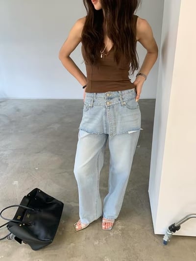 H14 設計師偽兩件丹寧長褲11