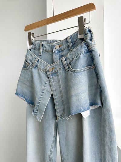 H14 設計師偽兩件丹寧長褲12