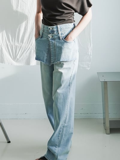 H14 設計師偽兩件丹寧長褲9