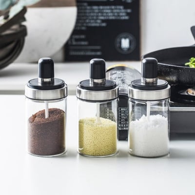 免轉蓋調味罐(勺蓋一體式) 防潮 密封罐 一體式調料罐 辣椒 香料 調味罐 玻璃調味罐 分裝鹽 味精 廚房調料罐1