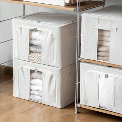 硬挺不塌-鋼架式棉麻收納箱(限宅配) 內含鋼架支撐 換季 衣物 收納 厚被 外套 大衣 折疊 收納盒 置物架 可視窗 棉麻 收納櫃（大號）3