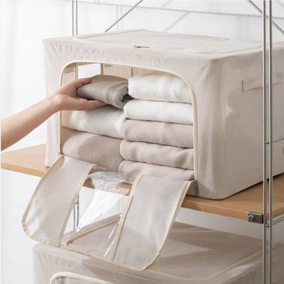 硬挺不塌-鋼架式棉麻收納箱(限宅配) 內含鋼架支撐 換季 衣物 收納 厚被 外套 大衣 折疊 收納盒 置物架 可視窗 棉麻 收納櫃（大號）4