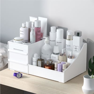 抽屜式-多格化妝品收納盒 (階梯式收納) 保養品收納 護膚 彩妝收納 大容量 雙層 口紅架 刷具收納盒4