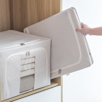 硬挺不塌-鋼架式棉麻收納箱(限宅配) 內含鋼架支撐 換季 衣物 收納 厚被 外套 大衣 折疊 收納盒 置物架 可視窗 棉麻 收納櫃（大號）2