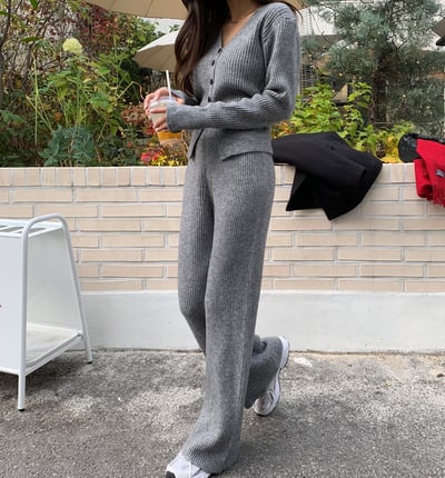 -2kg超顯瘦！Ｖ領坑紋針織衫+鬆緊長褲SET11