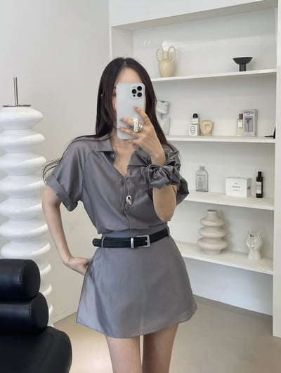 小光澤微透感短袖襯衫＋後鬆緊Ａ字褲裙SET2