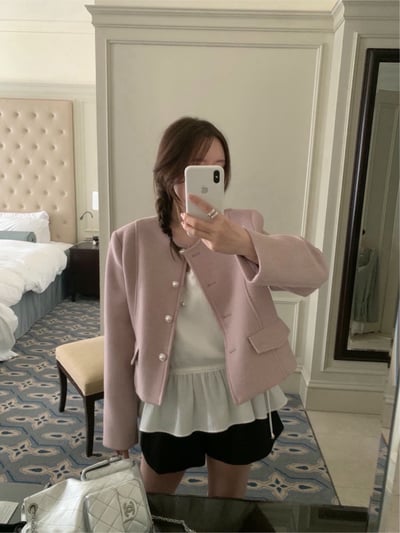 圓領珍珠排釦織紋小香外套5