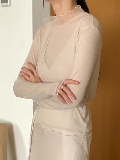 拼接歐根紗綁結領彈力壓紋Ｔ6