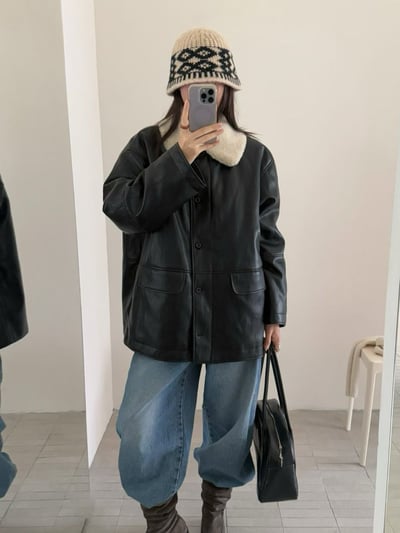 毛毛翻領混鴨絨皮革長版外套4