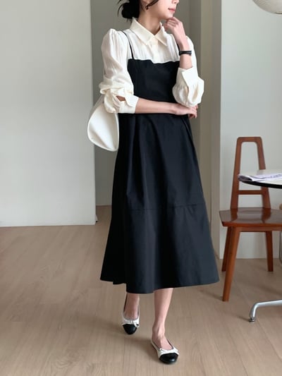 假兩件造型雪紡＋傘擺雪紡吊帶長洋8