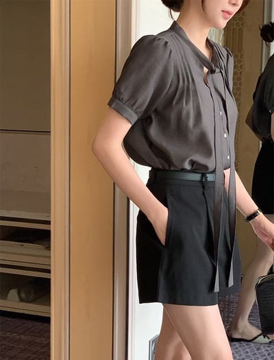 （客訂勿下單)綁結領前壓摺公主袖雪紡衫7