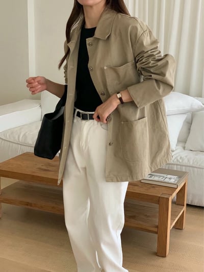 口袋造型落肩長版風衣外套2