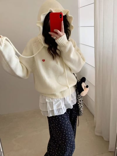 荷葉邊連帽抽繩愛心logo針織衣4