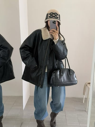 毛毛翻領混鴨絨皮革長版外套5