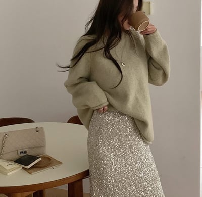 鬆緊腰圍亮片魚尾長裙5