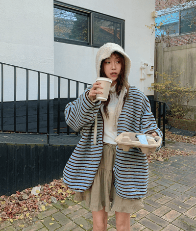 落肩配色橫條紋磨毛開襟外套3