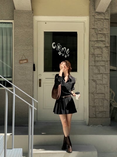 拼接百摺襯衫短洋 (附皮帶)11