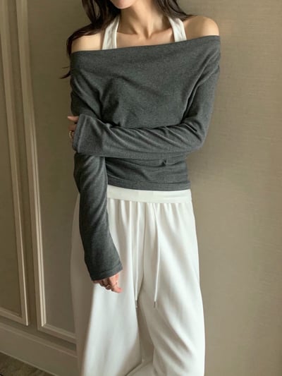 假兩件繞頸背心＋垂墜可斜肩上衣SET6