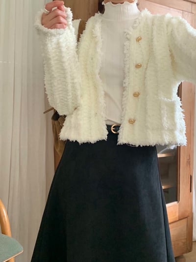 蕾絲滾邊壓皺毛感金釦外套12