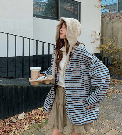 落肩配色橫條紋磨毛開襟外套9