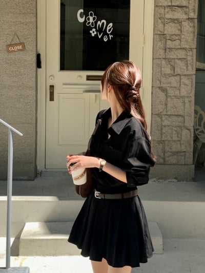 拼接百摺襯衫短洋 (附皮帶)6