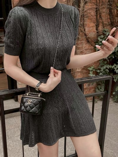 小花鏤空薄針織短袖＋鬆緊短褲裙SET1