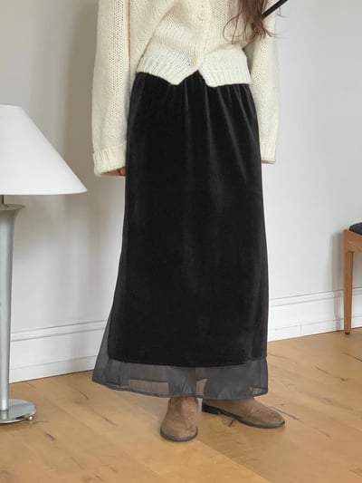 鬆緊絨面拼接雪紡長裙5