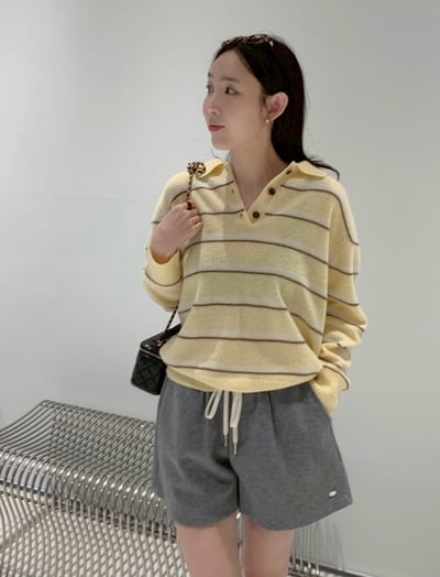 半排扣橫條紋針織上衣6