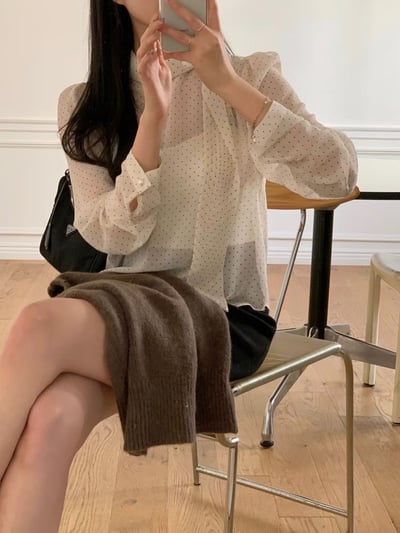 領巾復古點點微透雪紡衫8