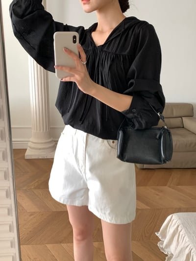 抓皺綁結連帽棉麻衫2