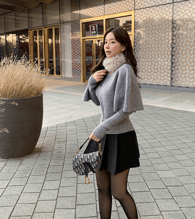 三件組｜Ｖ領坑紋針織衣+小斗篷＋可拆毛圈SET8