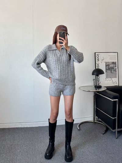 翻領坑紋落肩針織衣＋鬆緊短褲SET3