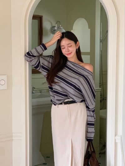 斜肩粗細薄款棉質長袖Ｔ5