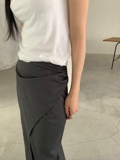 後鬆緊側抓皺斜片造型棉麻長裙6