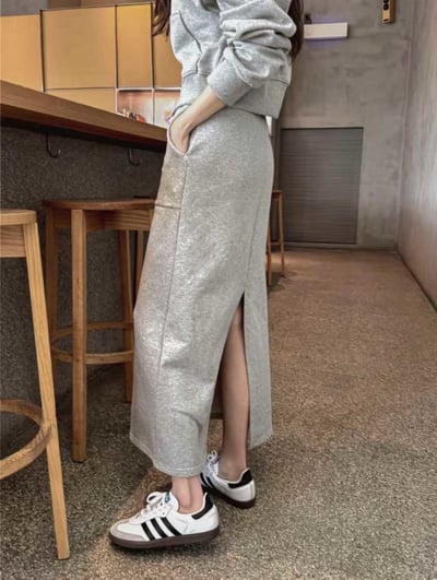 一字領雙拉鍊外套＋雙口袋抽繩棉長裙SET(可拆買）7