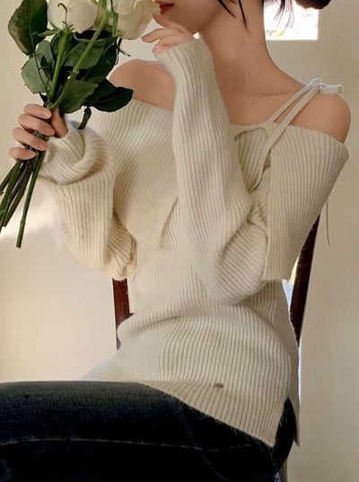 單肩綁結翻領金釦開衩針織衣9