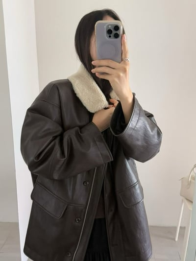 毛毛翻領混鴨絨皮革長版外套6