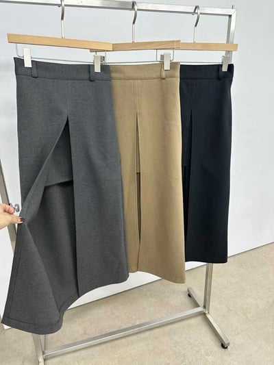 前大開衩雙層造型毛呢長裙7