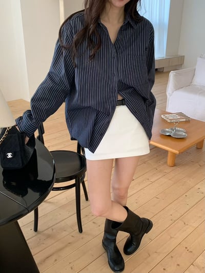落肩直紋寬鬆襯衫2