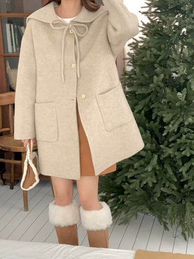 前綁結娃娃圓領羊毛100%大衣10