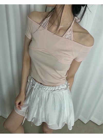 繞頸蕾絲造型假兩件短Ｔ7