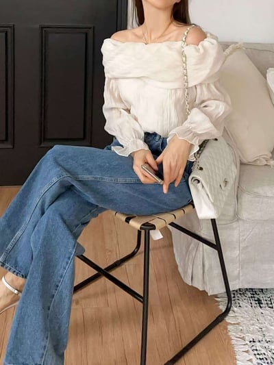 反摺平肩波紋感雪紡衫2