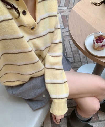 半排扣橫條紋針織上衣8