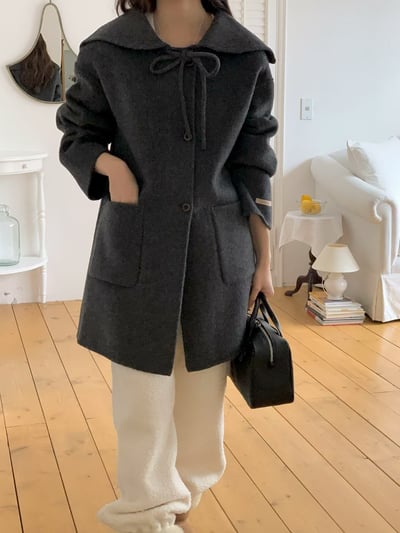 前綁結娃娃圓領羊毛100%大衣11