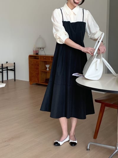 假兩件造型雪紡＋傘擺雪紡吊帶長洋4